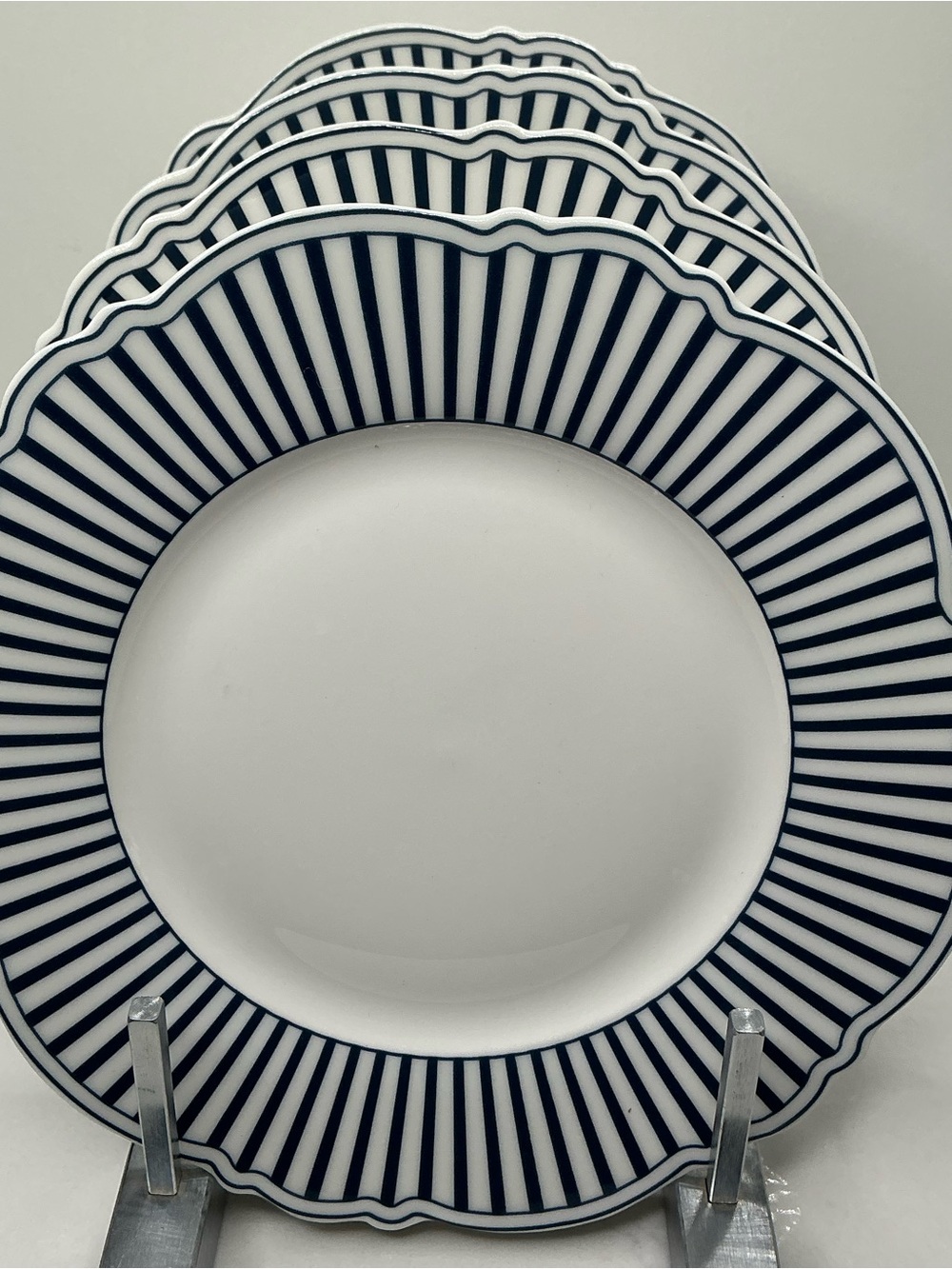 4 Monterey Bay Salad / Dessert Plates Dark Blue Stripes Fine Porcelain 8" New